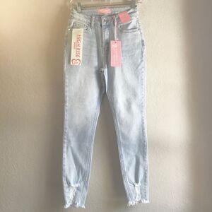 NWT Bamboo light blue jeans distressed look raw hem high rise skinny stretchy